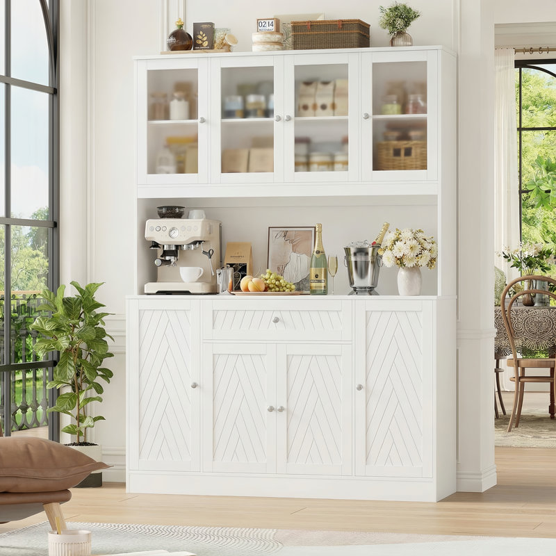 Rathburn 72" Kitchen Pantry With Microwave Shelf, 55.1"W Wood 8-Door Storage Pantry Cabinet with Center Drawer