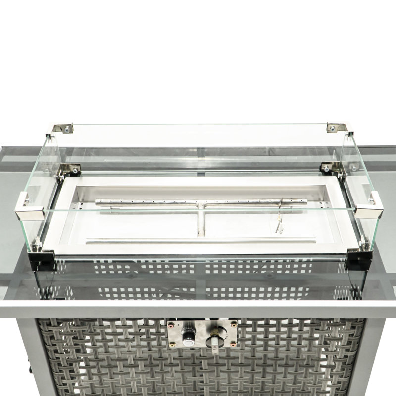 43 Inch Rectangular Propane Fire Pit Table, 60000 , Open Weave In Grey, With Blue Glass Stone Decoration And Tempered Wind Guard For Outdoor Gatherings 43" Grey Gas Bohemian Charm, Removable Lid,