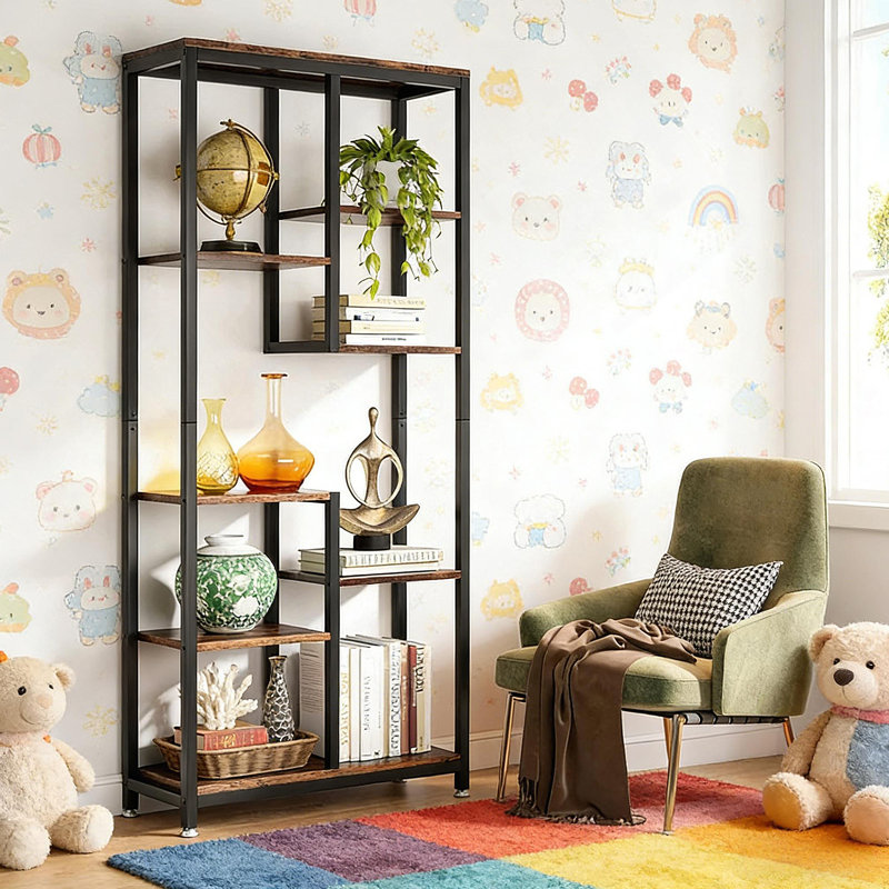 Élégante bibliothèque industrielle avec 8 tablettes décalées, idéale pour la décoration intérieure et les solutions de rangement polyvalentes