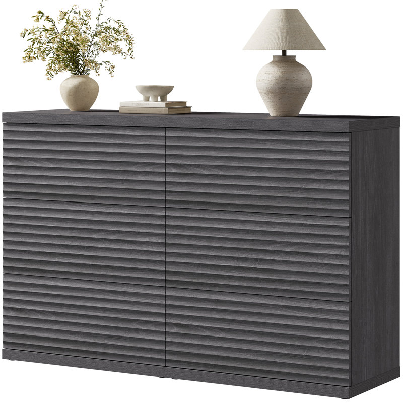 Modern Fluted 3-Drawer Sideboard With Pop - Up Design, Dark Gray Alder