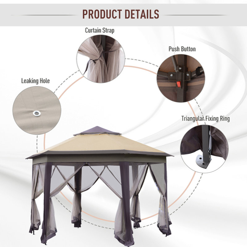Pop Up Gazebo, Hexagonal Canopy Shelter With 6 Zippered Mesh Netting