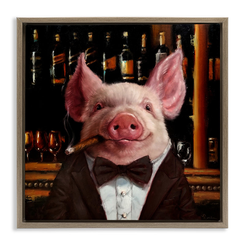 «Classy Pig at Cigar Bar», art mural encadré par Lucia Heffernan, H 18 po x l 18 po, Cadre flottant orme Montalcino
