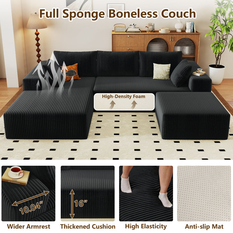 Canapé modulaire Boneless 96 po Cloud Couch, Orienté à gauche (vu de face), Velours côtelé noir