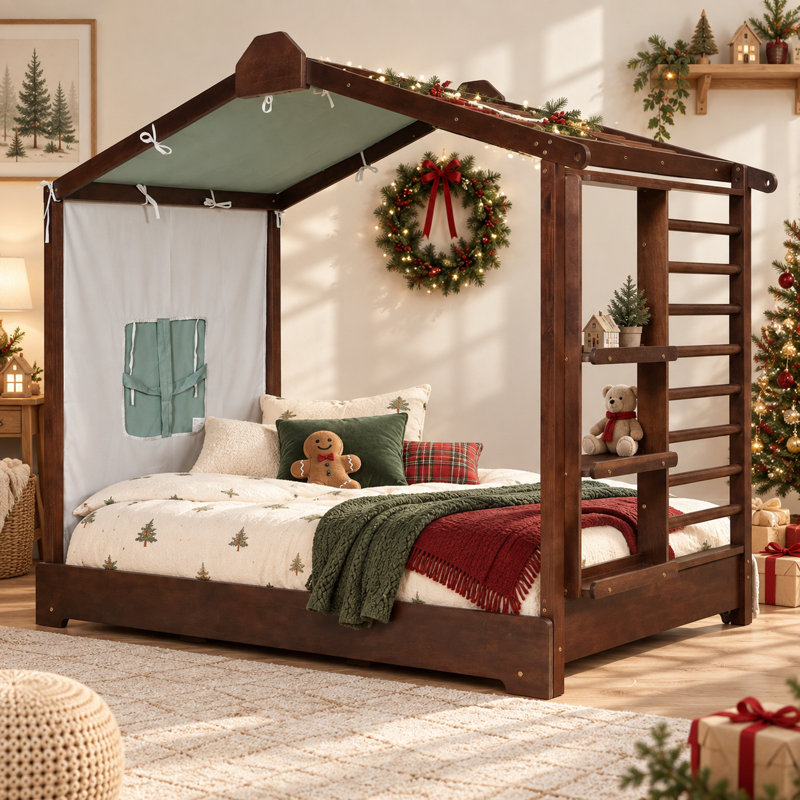 Structure de lit simple Ainsworth avec rideaux de tente enroulables, lit gigogne escamotable et tablette de rangement intégrée, lit de jeu en bois avec support à lattes