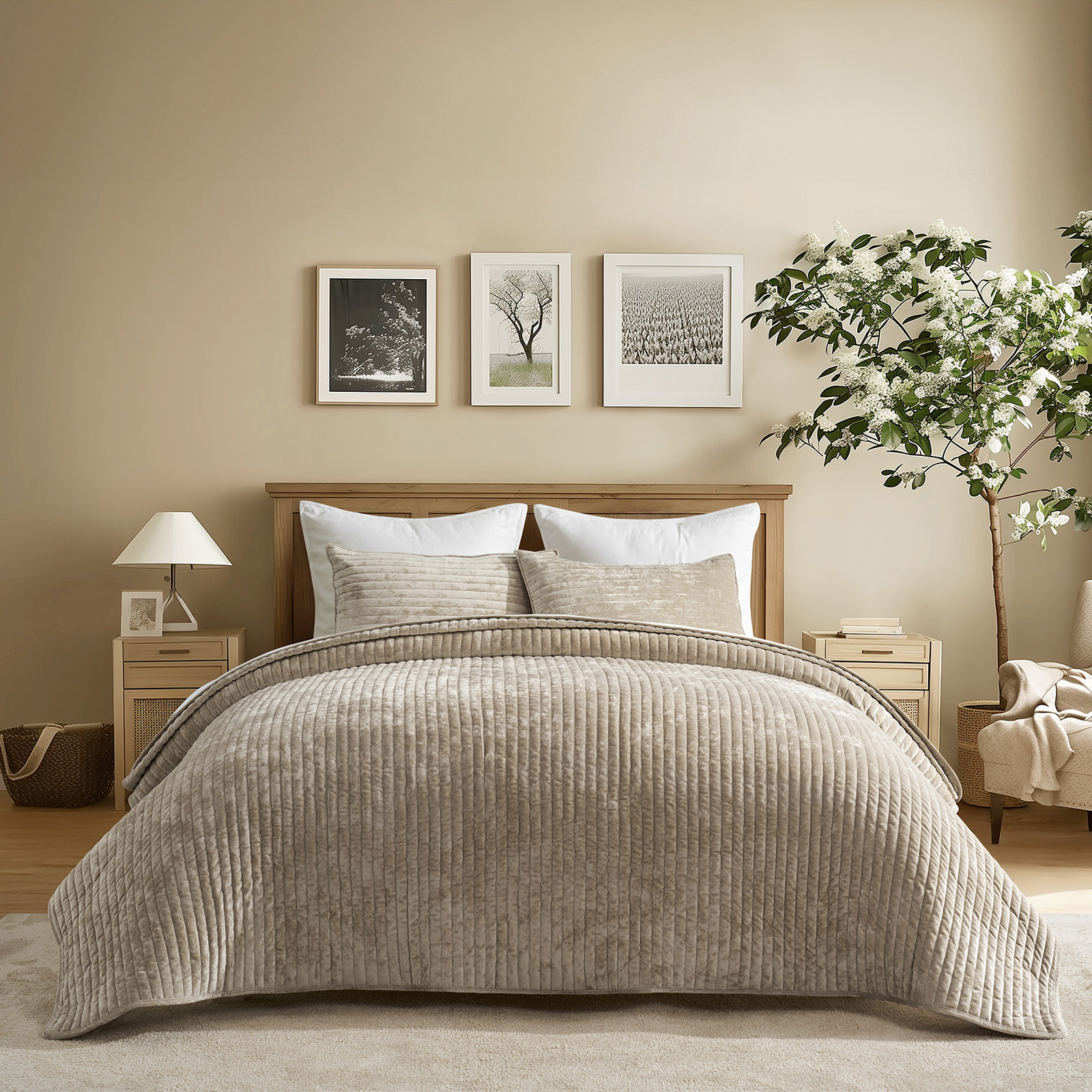 Luxe Velvet Channel Quilt Set, Queen, Taupe