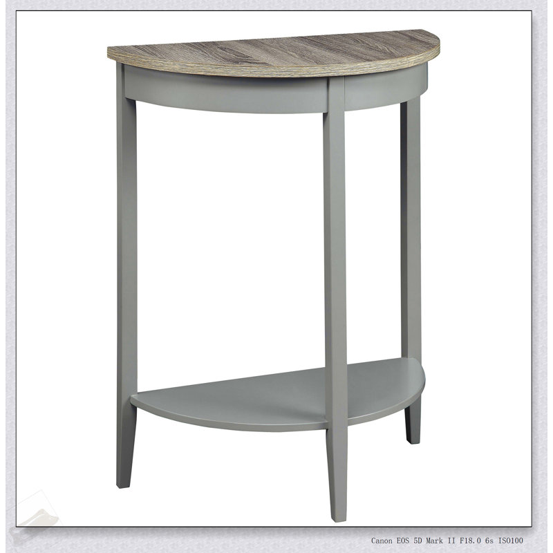 Console en chêne gris et demi-lune grise avec tablette inférieure pour un rangement rustique et élégant