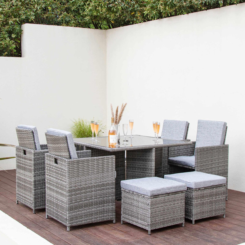 Quilla All Weather Wicker/Rattan 8 - Person with Cushions & Parasol, Grey/Cream Umbrella
