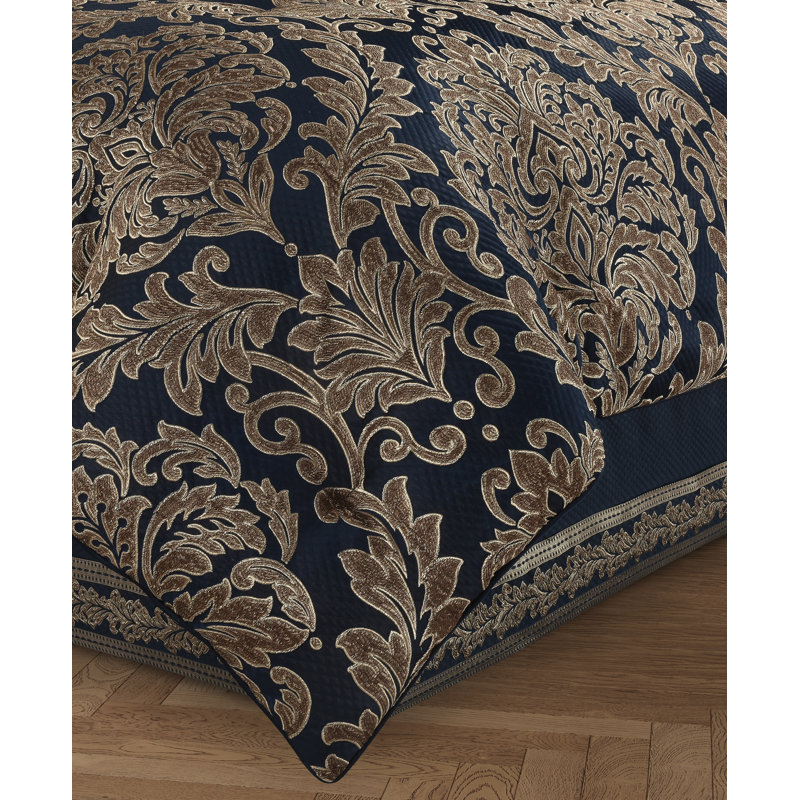 Navy Blue Satin Queen Comforter Set with Frills