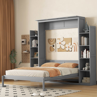 Queen Size Murphy Bed Wall Bed With Shelves And LED Lights,Gray