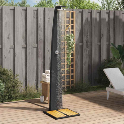 88.19 in. H Solar Powered Temperature Controlled Portable Plastic and Solid Wood Outdoor Shower with Detachable Shower Head and Footwash Spout and Duckboard