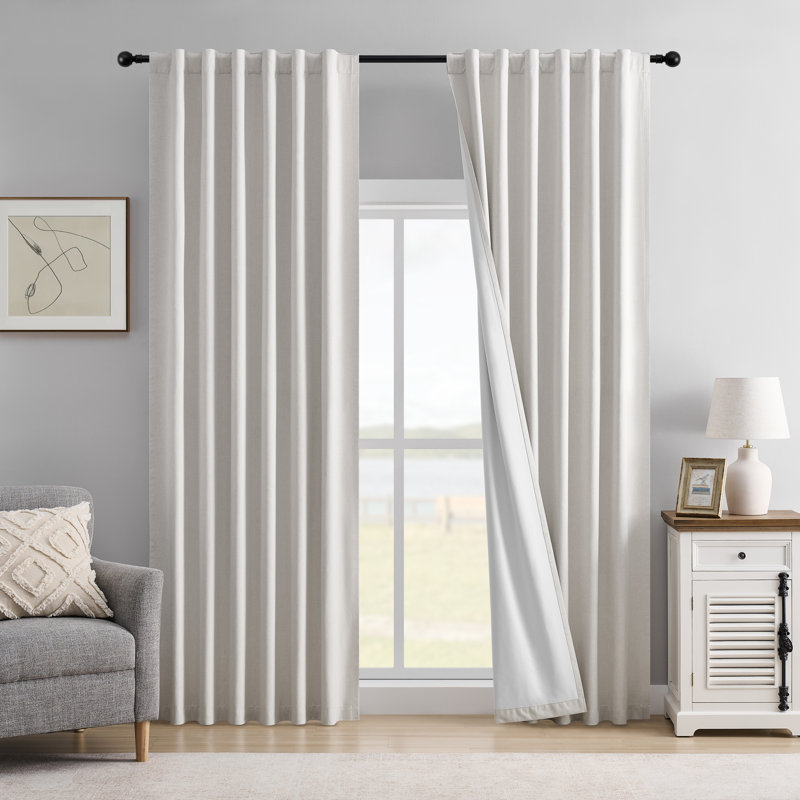 100% Blackout Back Tab Linen Blend Curtains for Living Room & Bedroom,2 Panels,Ivory White, Ivory White, 52*63"