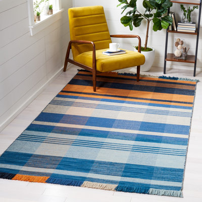 Anjail Flat Weave Wool/Cotton Plaid Rug in Orange/Blue