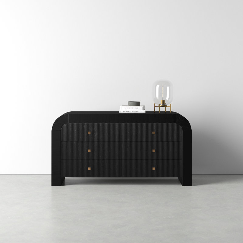 Modern Acacia and Black MDF 6-Drawer Dresser with Soft Close