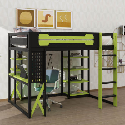 Full-Size Wooden Loft Bed With Desk, Shelves, Power Outlet & USB/Type-C Ports, Plus LED Lighting