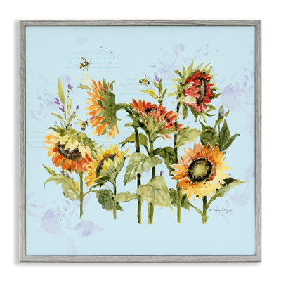 Sunflowers & Bee on Blue Framed Giclee, design by Susan Winget