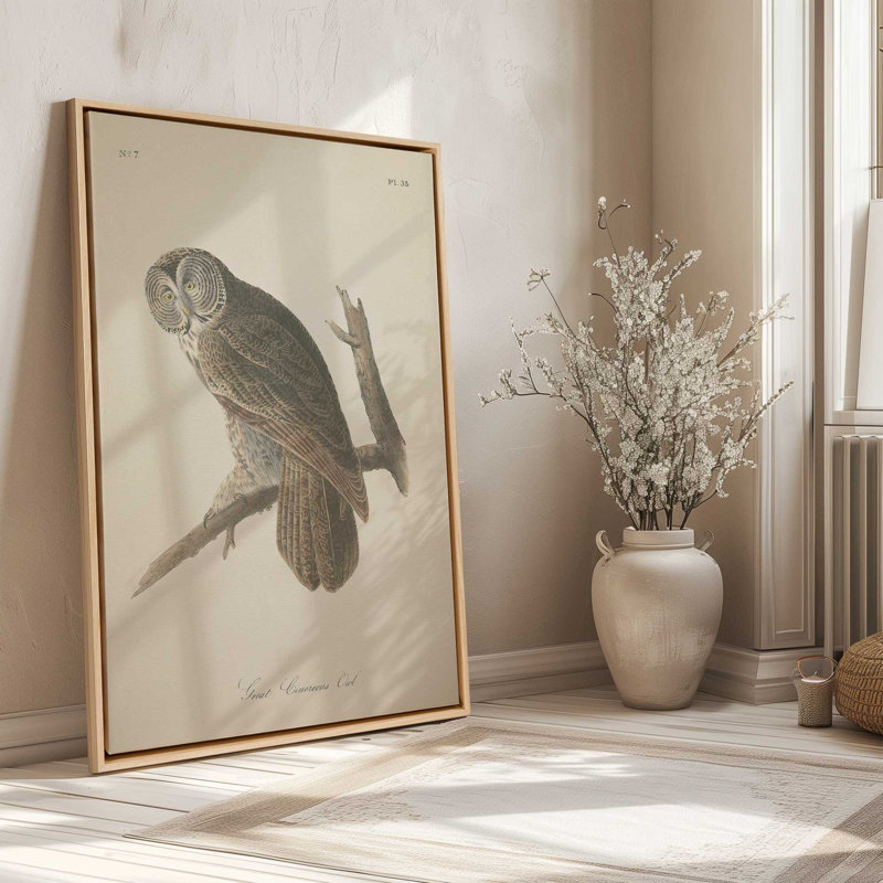 1 - Hibou perché imprimé sur toile roulée, Cadre doré, H 18,75 po x l 12,75 po x P 1,75 po