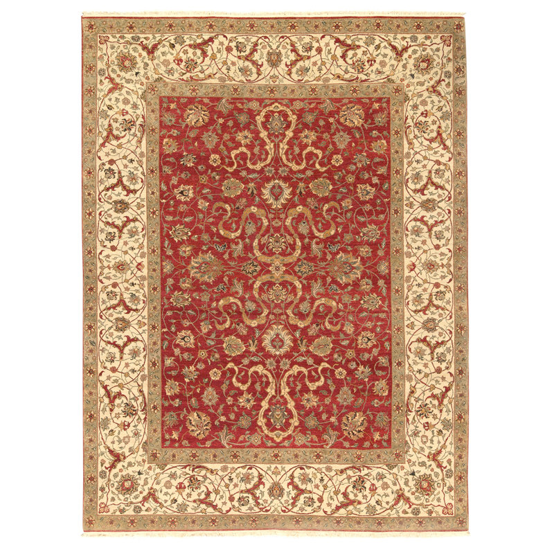 Tapis rouge et ivoire de haute qualité noué à la main