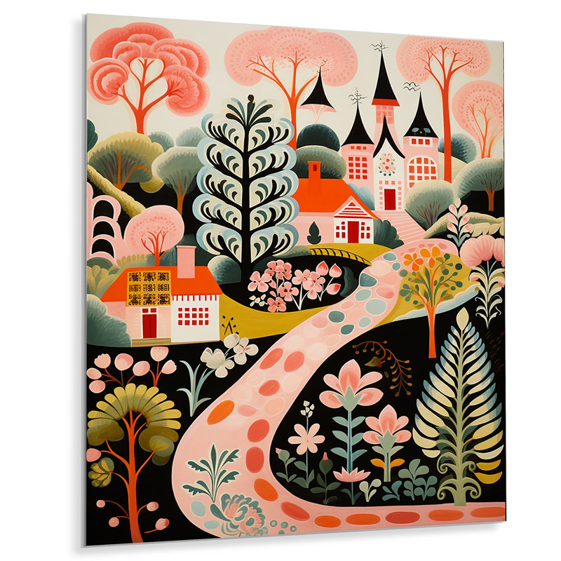 Flowerful Path To Retro Church Illustration - Church Wall Art Living Room, H 44 po x l 34 po x P 1,5 po
