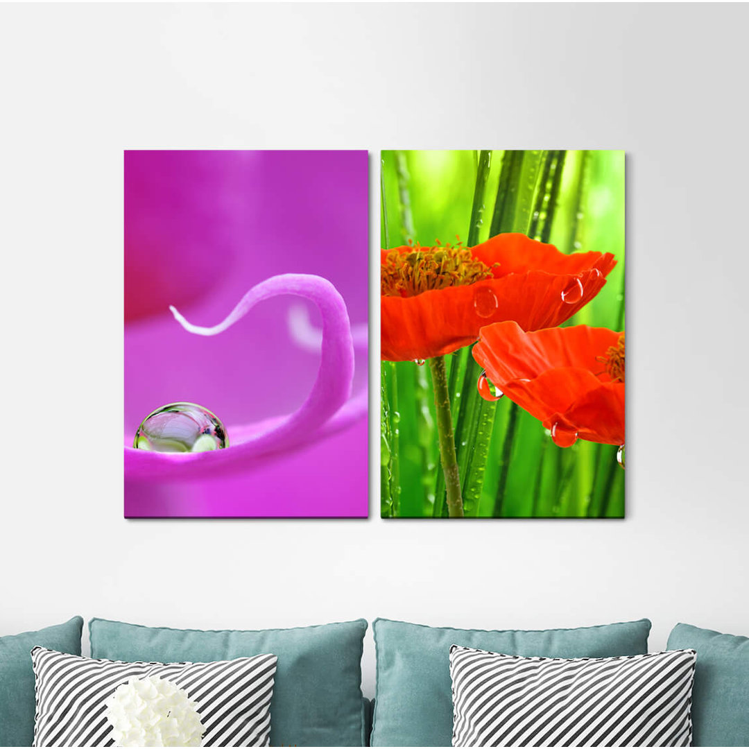 2-tlg. Leinwandbilder-Set - Grafikdruck „Orchid Water Drops Purple Red Flowers Summer Soft Soothing”