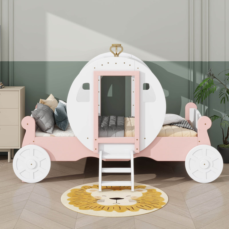 Lit simple en bois de style princesse avec couronne, lit plateforme pour voiture avec marches, Blanc et rose