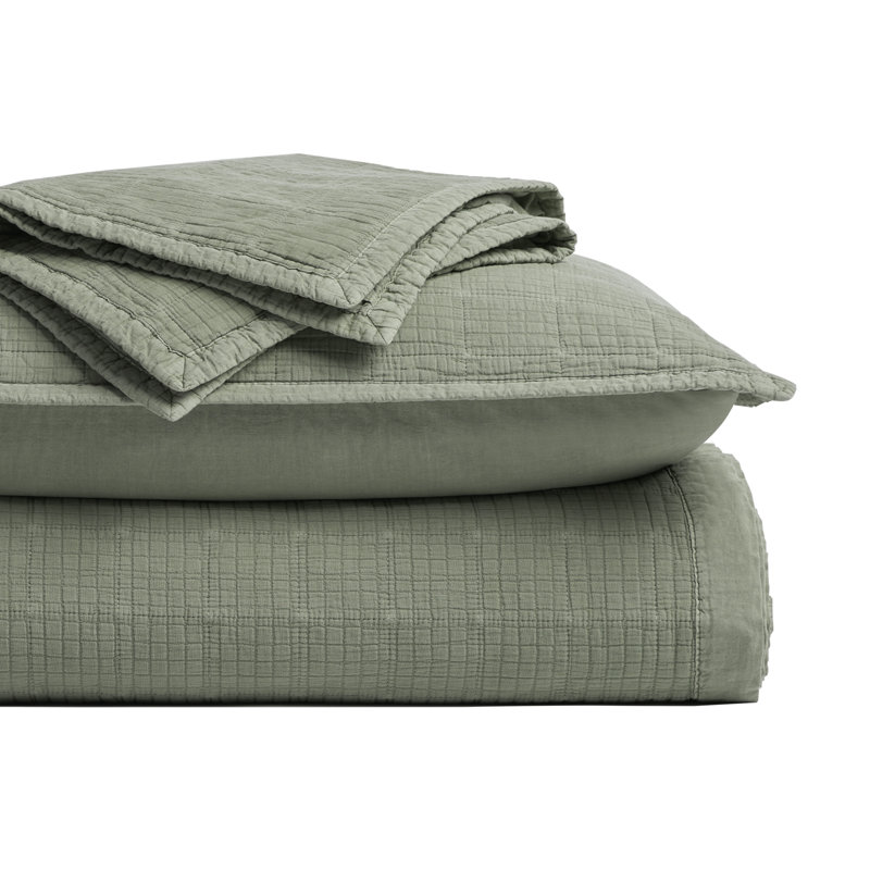 Stonewashed Crinkle Cotton Box Stitch Quilt Set, Olive Green, Queen Quilt + 2 Queen Shams