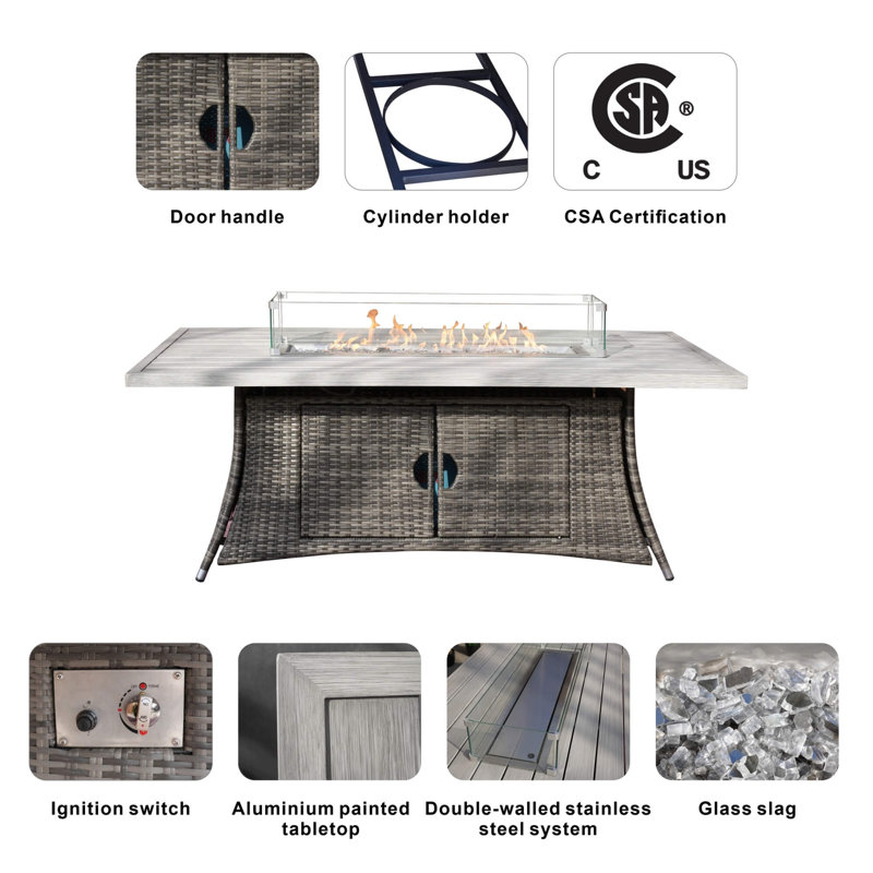 Table de foyer rectangulaire 6 places avec plateau en aluminium, Gris