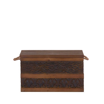 Decorative Trunk, Embossed Metal, Chinese Fir Wood, Darkened Interior, Rope Handles, Flat and Fully Opening Lid, Handmade, Walnut and Almond Stain
