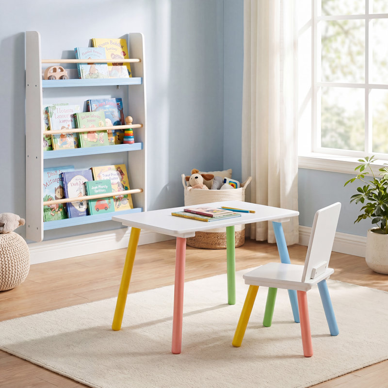 Kids 3 Piece and Chair Set, White/Blue
