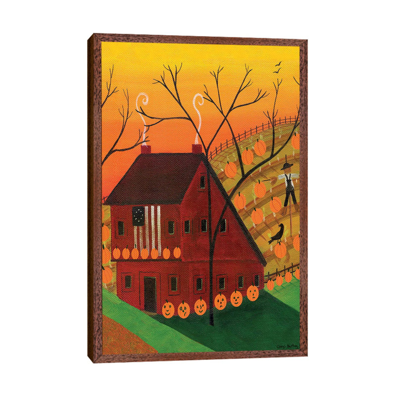 Sunset Pumpkin Saltbox by Cheryl Bartley - Print on Canvas, 66.04 cm H x 45.72 cm W, Classic Brown Wood Framed