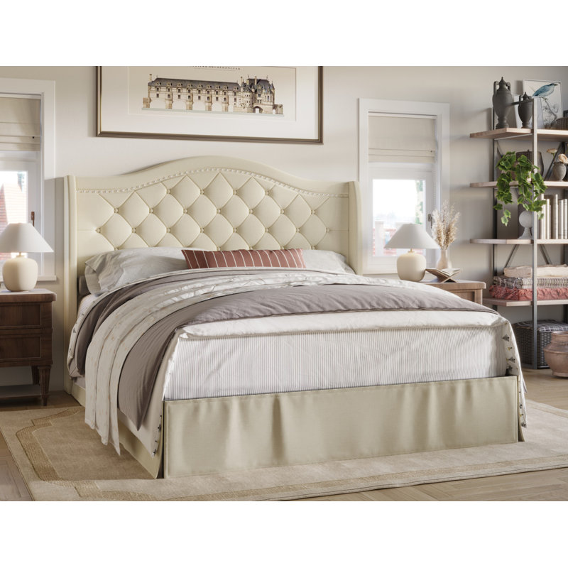 Lit plateforme tapissier Belles, Beige, Très grand lit