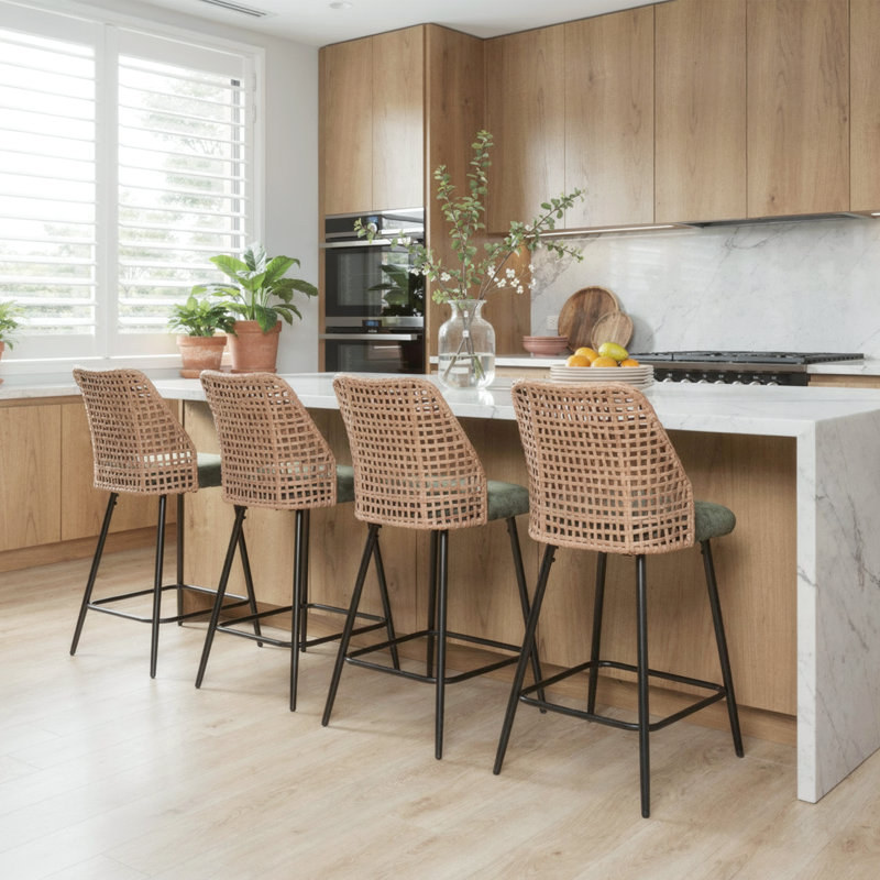 4 tabourets de bar rembourrés en tissu avec dossier plein, Vert