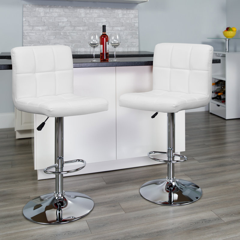 Ahlijah Contemporary Quilted Vinyl Adjustable Height Barstool with Chrome Base, White