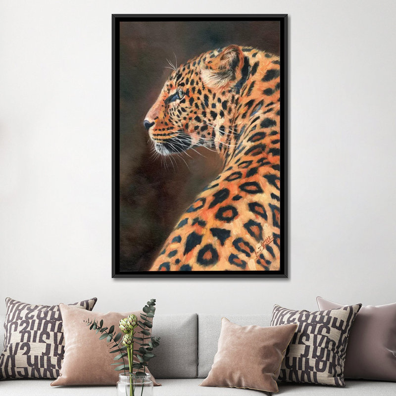 « leopard profile », impression sur toile, H 26 po x l 18 po x P 1,5 po, Toile encadrée noire, Pas de tapis