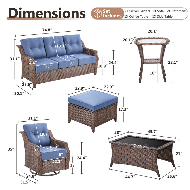 Acton 7 - Pieces Outdoor Wicker Sofa Seating Group With Ottomans And 6" Thick Cushions, Blue