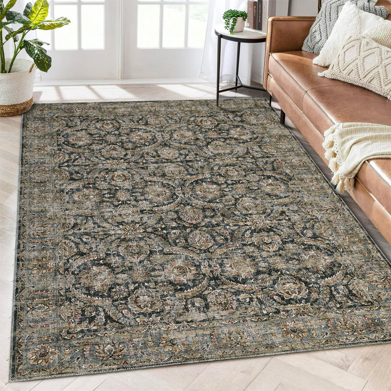 Tapis d'intérieur lavable à motif floral délavé et délavé, Rectangle 5 pi x 7 pi