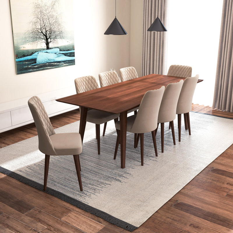 Annabelle 9-Piece Mid-Century Rectangular Dining Set w/ 8 Velvet Dining Chairs, Beige