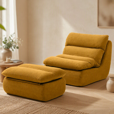 Fauteuil à billes 32 po avec repose-pieds, grande chaise longue pour adultes, canapé rembourré capitonné pour le salon, la chambre à coucher, jaune