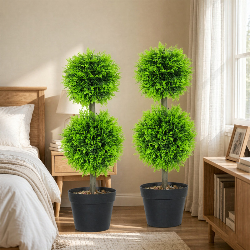Set of 2 decorative artificial topiary ball-shaped boxwood trees in pot with cypress leaves