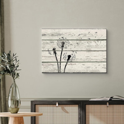 Dandelion " Windy Black & White Dandelion Silhouette Nature Flowers Wood Effect Panels Illustrations Rustic "