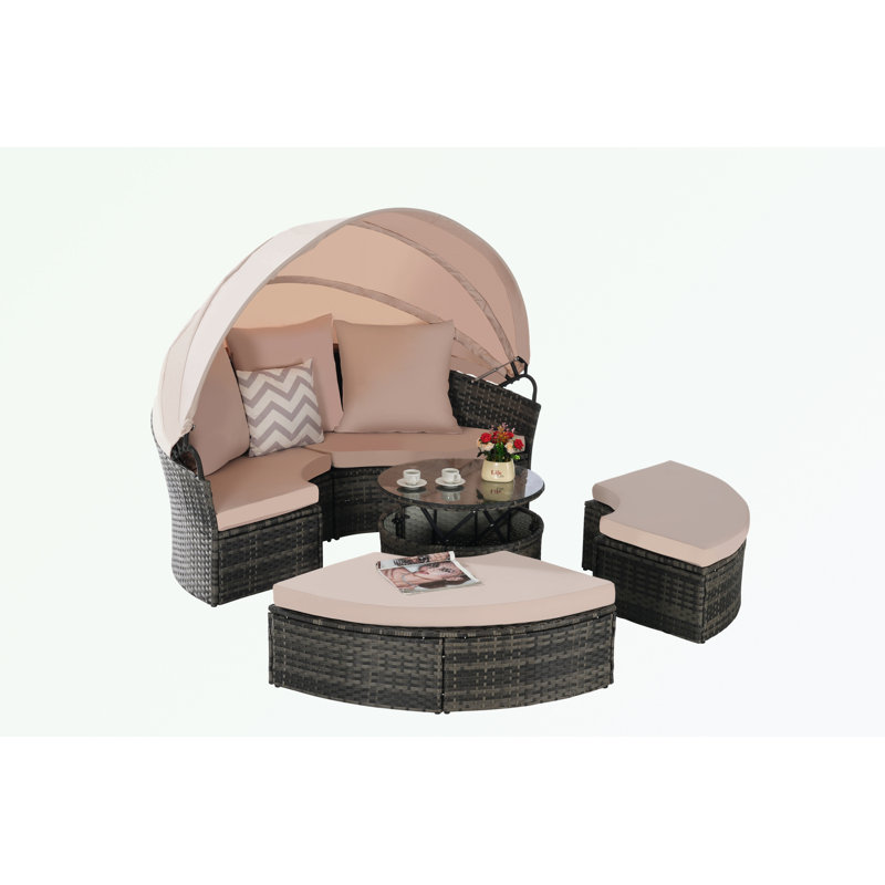 Outdoor Patio Round Daybed with Retractable Canopy and Storable Table, Beige