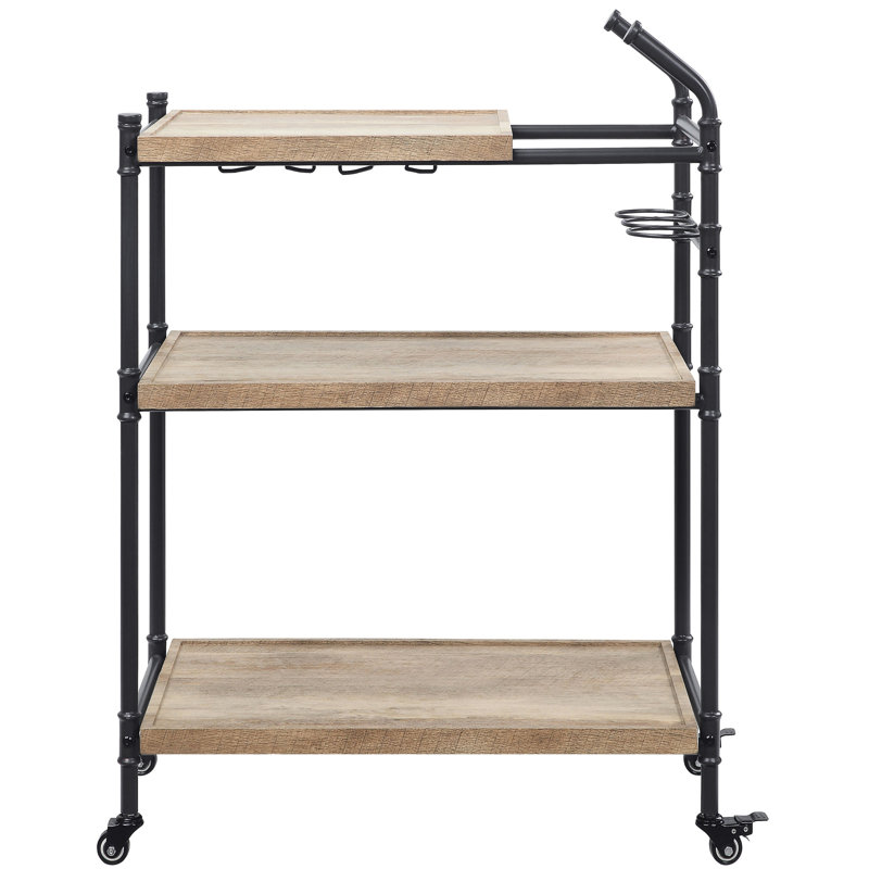 Rustic Industrial 2-Shelf Cart For Serving - Oak And Sandy Black, With Stemware , Lockable Wheels, Ample Storage Space Convenient Generous
