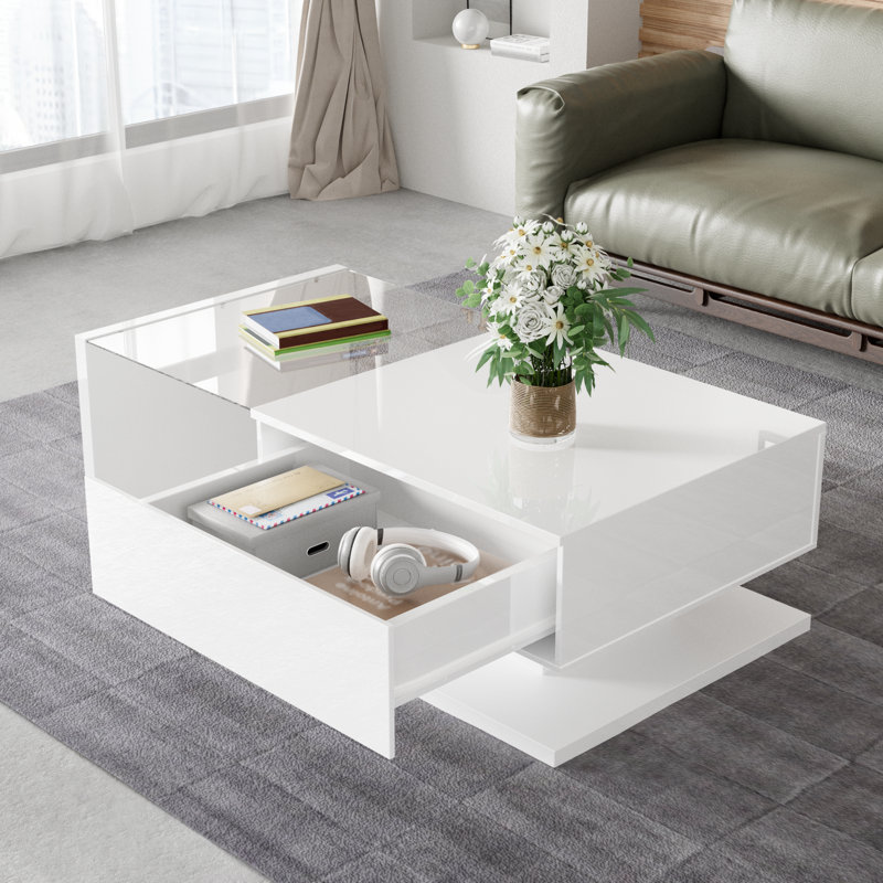 Camecia Pedestal Coffee Table with Storage, White, White