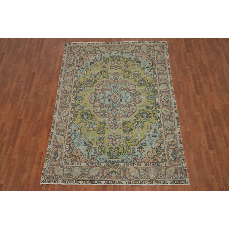 Tapis vert en laine à motif géométrique vert 6 x 9