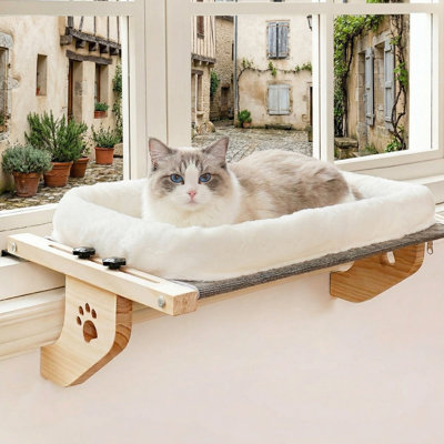 Sturdy Cat Sill Window Perch Hammock with Cushion Bed Cover, Wood & Metal Frame for Large Cats, Easy-Adjust Cat Bed for Windowsill, Bedside, Drawer & Cabinet