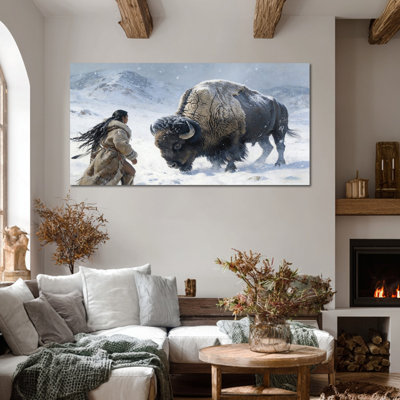 Art amérindien sur toile, peinture de bison d'hiver, impressions sur toile de décor indien, affiche de photo de culture, œuvre d'art murale encadrée prête à être suspendue pour un bureau personnel, 16 x 32 po