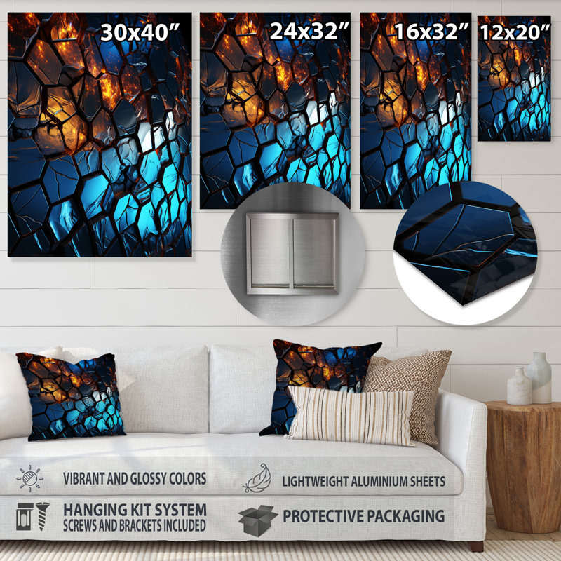 Fractale bleue et jaune mosaïque III - décoration murale abstraite en métal, H 32 po x l 24 po x P 1 po