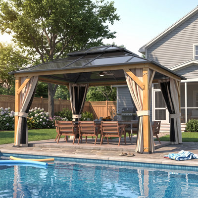 Large 12x14 FT Hardtop Gazebo, Sturdy Wooden Pavilion with Triangular Reinforced Poles, UV Protection Curtains & Netting, All-Weather Outdoor Shelter for Patio and Backyard