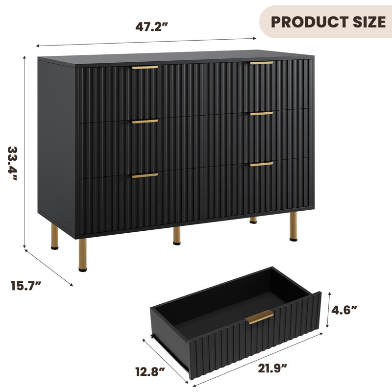 Commode de rangement cannelée à 6 tiroirs, Noir