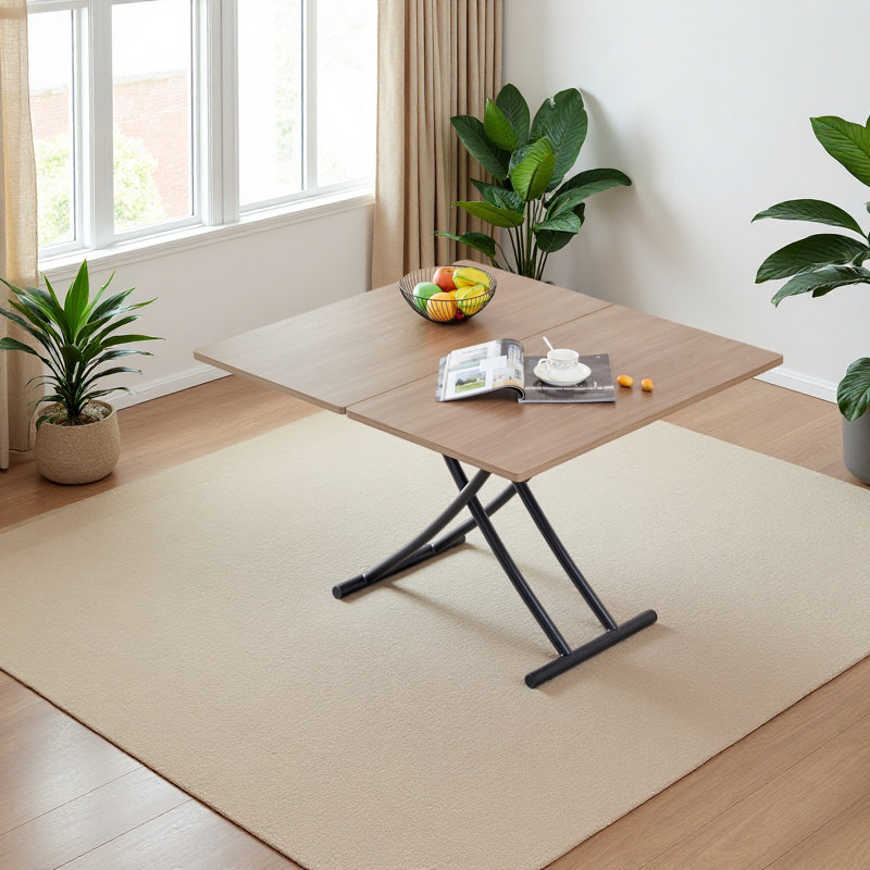 La table de levage moderne et minimaliste moderne, avec un bureau autocollant de grain de bois de 0,8 pouce et des pieds en métal noir, peut être utilisée comme coiffeuse, table basse, table de salle à manger et table de bureau