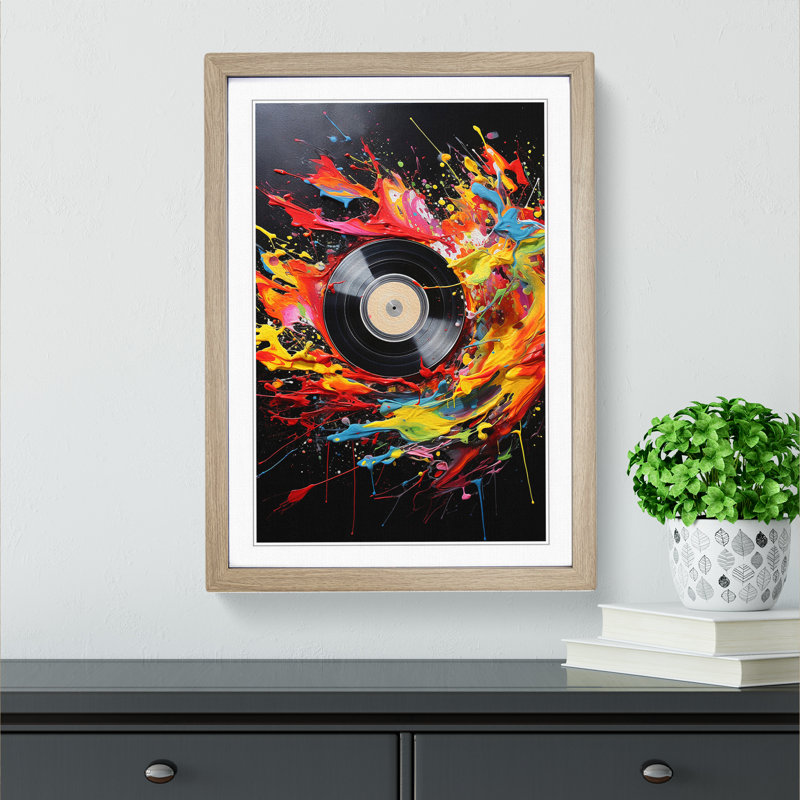 Vinyl Record Action Painting - Single Picture Frame Print on Wood, 46cm H x 34cm W, Oak Framed